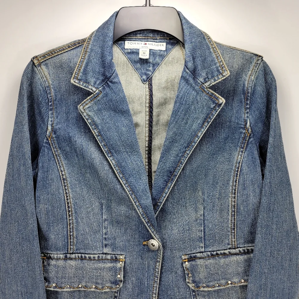 Tommy Hilfiger Vintage Y2K Denim Jean Jacket Women Medium Petite Grunge Punk - Picture 3 of 12